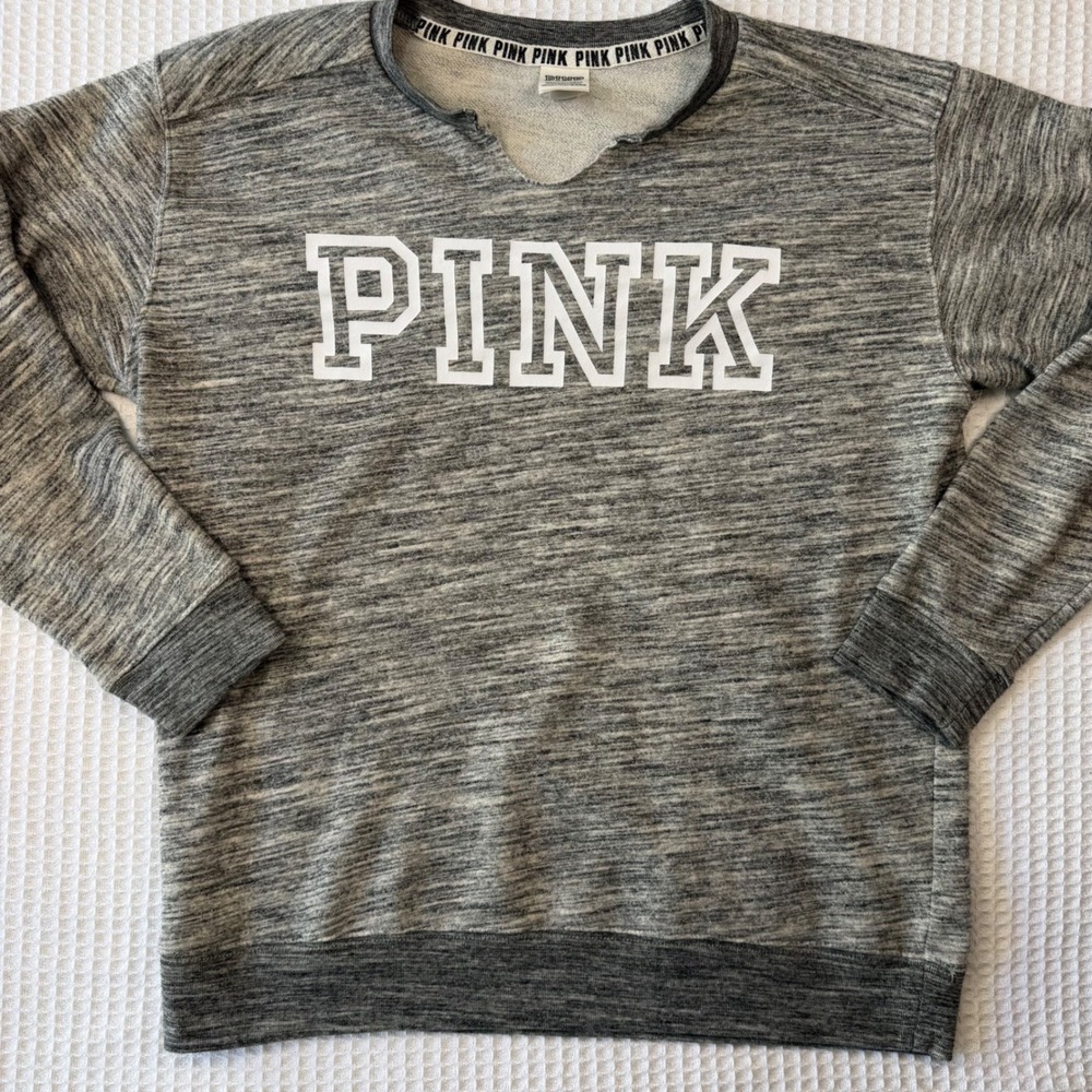 Victoria's Secret PINK Gray Marl Notched V-Neck Logo‎ Sweatshirt Size S